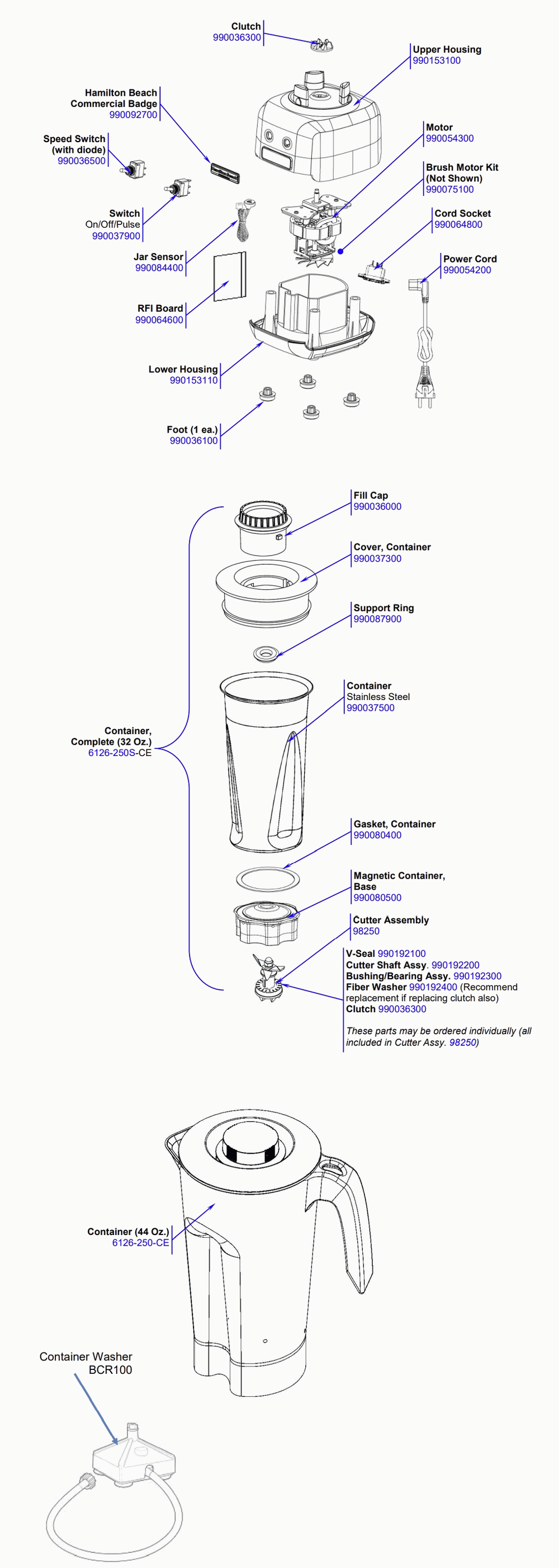 Diagram Diagram and Parts List for HBB250S-CE-L  Hamilton Beach Blender